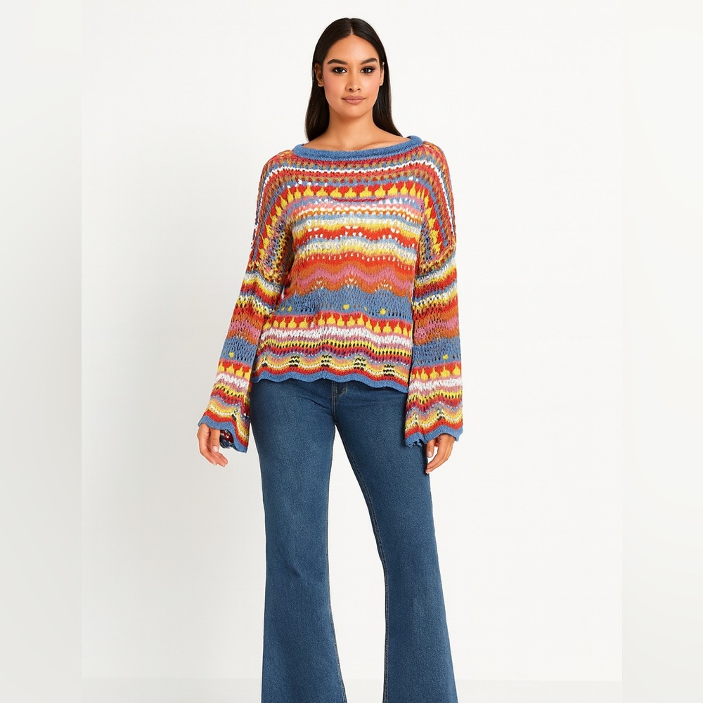 Bell Sleeve Crochet Knit Sweater NWT